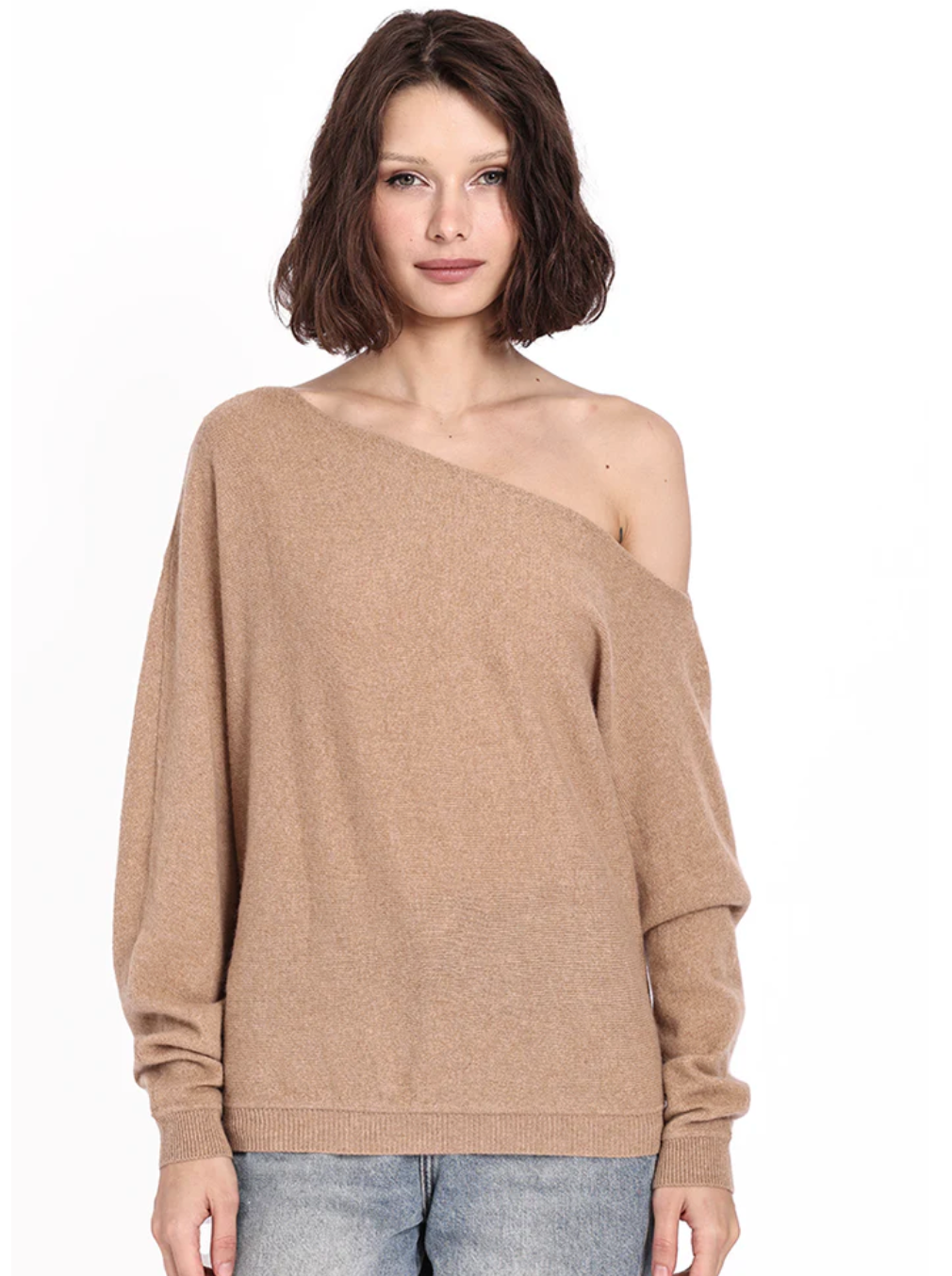 Cashmere Off the Shoulder Sweater | Camel-Sea Biscuit Del Mar