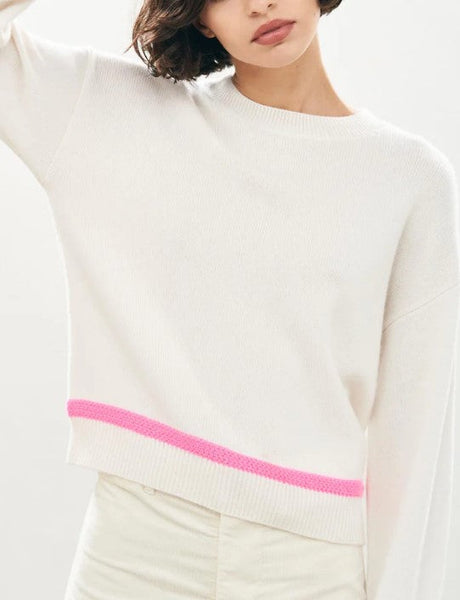 Cashmere Wool Heavy Trim Crew in Cream and Neon Pink-Sea Biscuit Del Mar