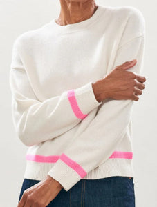 Cashmere Wool Heavy Trim Crew in Cream and Neon Pink-Sea Biscuit Del Mar