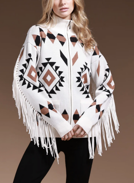 Cotton Aztec Zip Up Fringed Jacket in Starch Combo-Sea Biscuit Del Mar