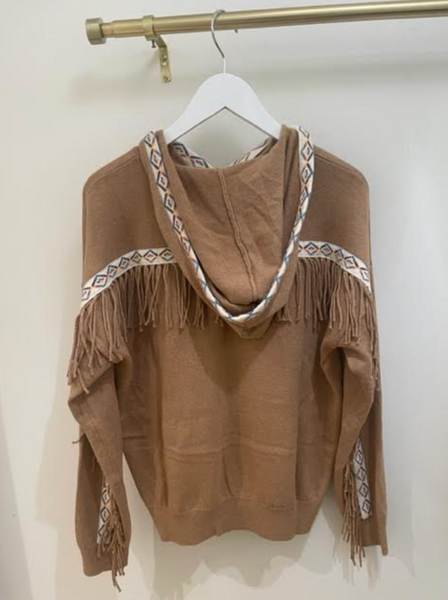 Cotton Cashmere Embroidered Fringe Hoodie | Camel + Cream-Sea Biscuit Del Mar