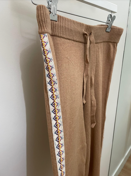 Cotton Cashmere Embroidered Pants | Cream + Camel-Sea Biscuit Del Mar