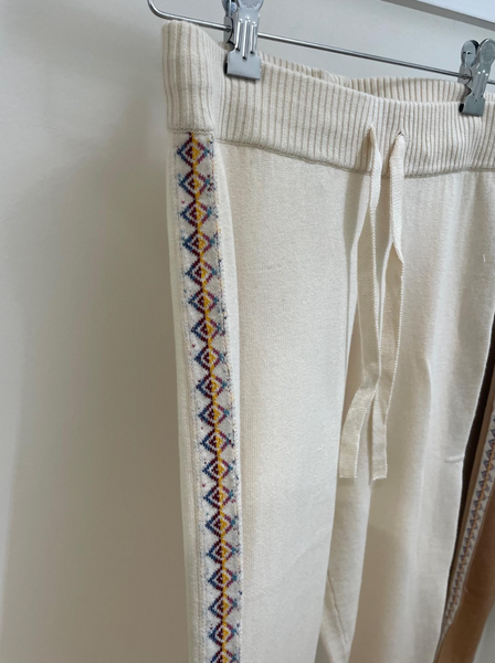 Cotton Cashmere Embroidered Pants | Cream + Camel-Sea Biscuit Del Mar