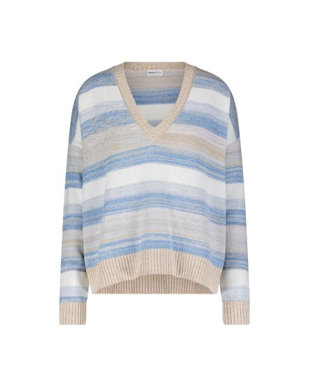 Cotton Cashmere Marl Stripe Boxy V Neck-Sea Biscuit Del Mar