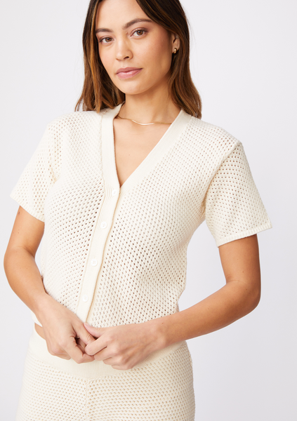 Crochet Short Sleeve Sweater | Off White Lime Coconut-Sea Biscuit Del Mar