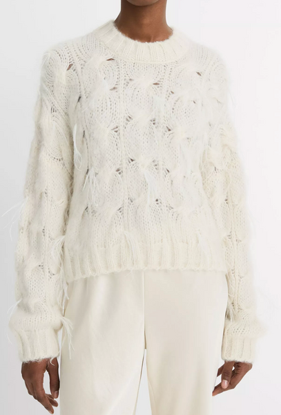 Feather Embellished Cable Pullover | Vince-Sea Biscuit Del Mar