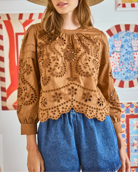 Jennifer Top in Mocha Embroidered Eyelet-Sea Biscuit Del Mar