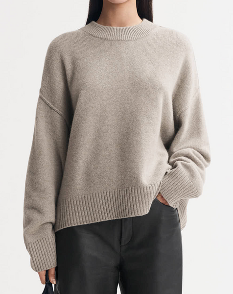 Loose Fit Crewneck in Greige | Soft Goat-Sea Biscuit Del Mar