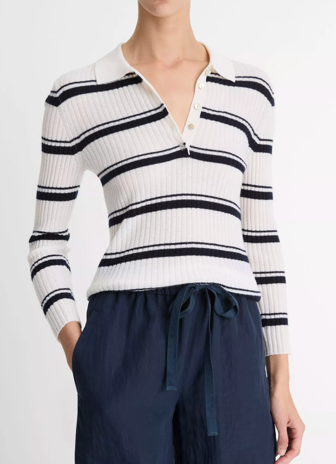 Striped Cashmere-Blend Polo Sweater-Sea Biscuit Del Mar