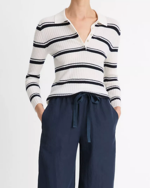 Striped Cashmere-Blend Polo Sweater-Sea Biscuit Del Mar