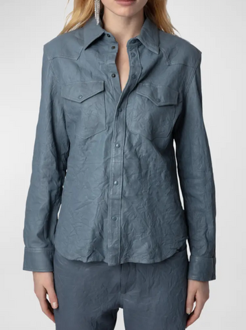 Thelma Crinkled Leather Shirt-Sea Biscuit Del Mar