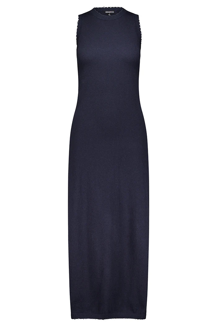 Cotton/ Cashmere Maxi Frayed Edge Tank Dress | Navy-Sea Biscuit Del Mar