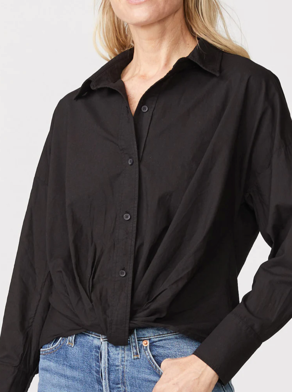 Long Sleeve Front Twist Button Up Shirt | Black + Artichoke-Sea Biscuit Del Mar