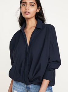 Long Sleeve Front Twist Button Up Shirt | New Navy-Sea Biscuit Del Mar