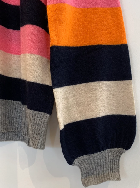 Multi Stripe Puff Sleeve Cashmere Sweater-Sea Biscuit Del Mar