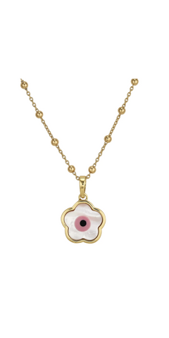 Pink Flower Evil Eye Charm on 16" Florence Vermeil Chain-Sea Biscuit Del Mar