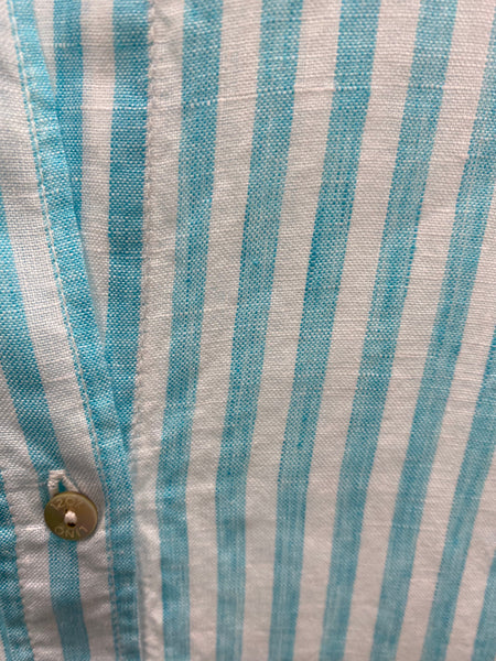 Pinstripe Long Sleeve Linen Shirt - Aqua-Sea Biscuit Del Mar
