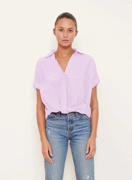 Poplin Short Sleeve Front Twist Button Up Shirt | Cantaloupe + White + Lilac-Sea Biscuit Del Mar