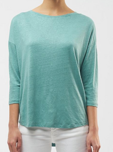 Stretch Linen Semi Relaxed 3/4 Sleeve Boatneck - Lagoon + Positano Blue-Sea Biscuit Del Mar