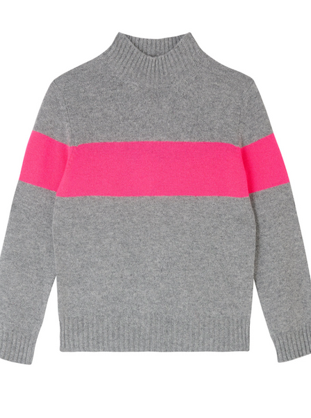 Stripe Cashmere Turtleneck | Grey/Neon Pink-Sea Biscuit Del Mar