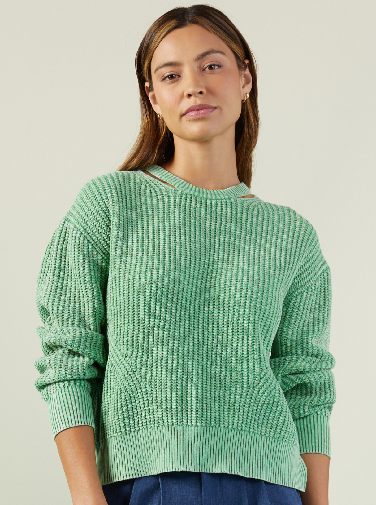The Stone Wash Waffle Sweater With Cutout Neck | Clover-Sea Biscuit Del Mar